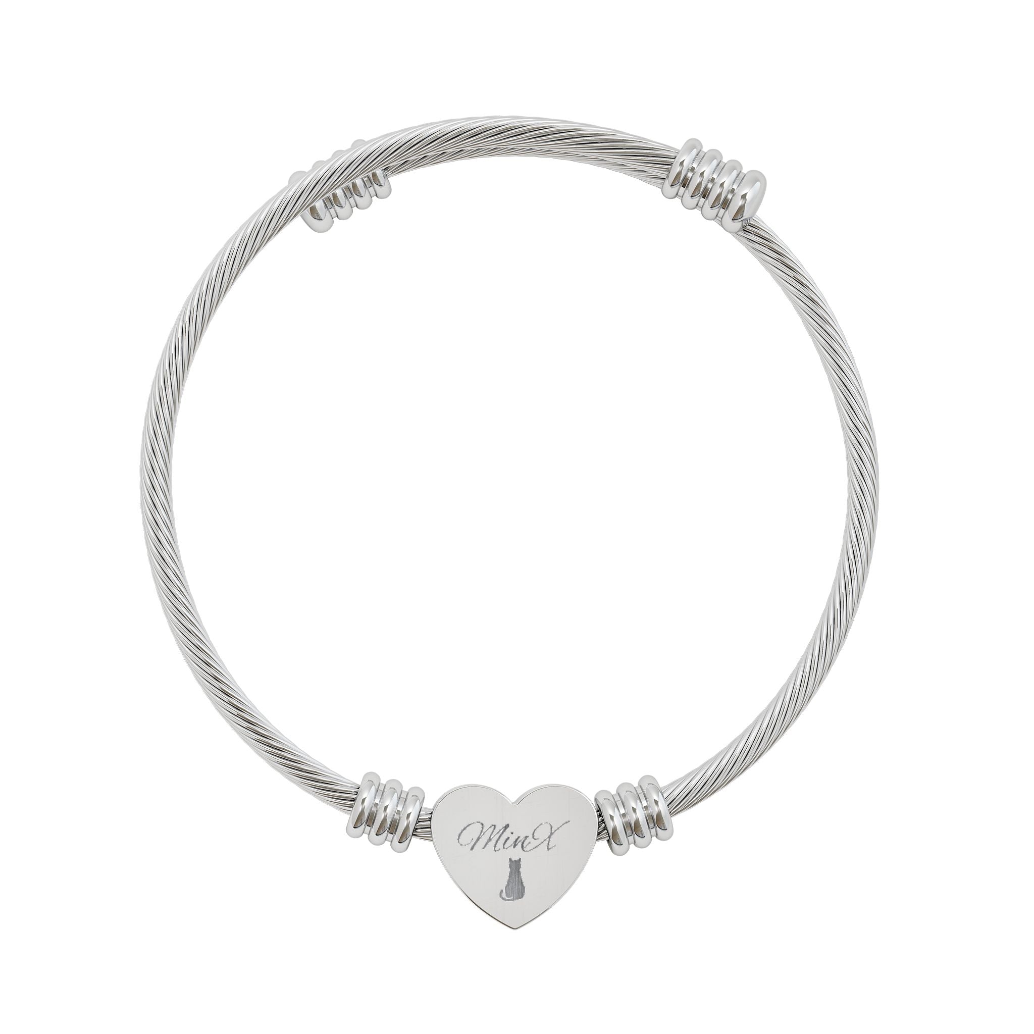 MinX Black Cat Heart Engraved Cuff Bracelet — Personalized Silver Heart Bangle Gift