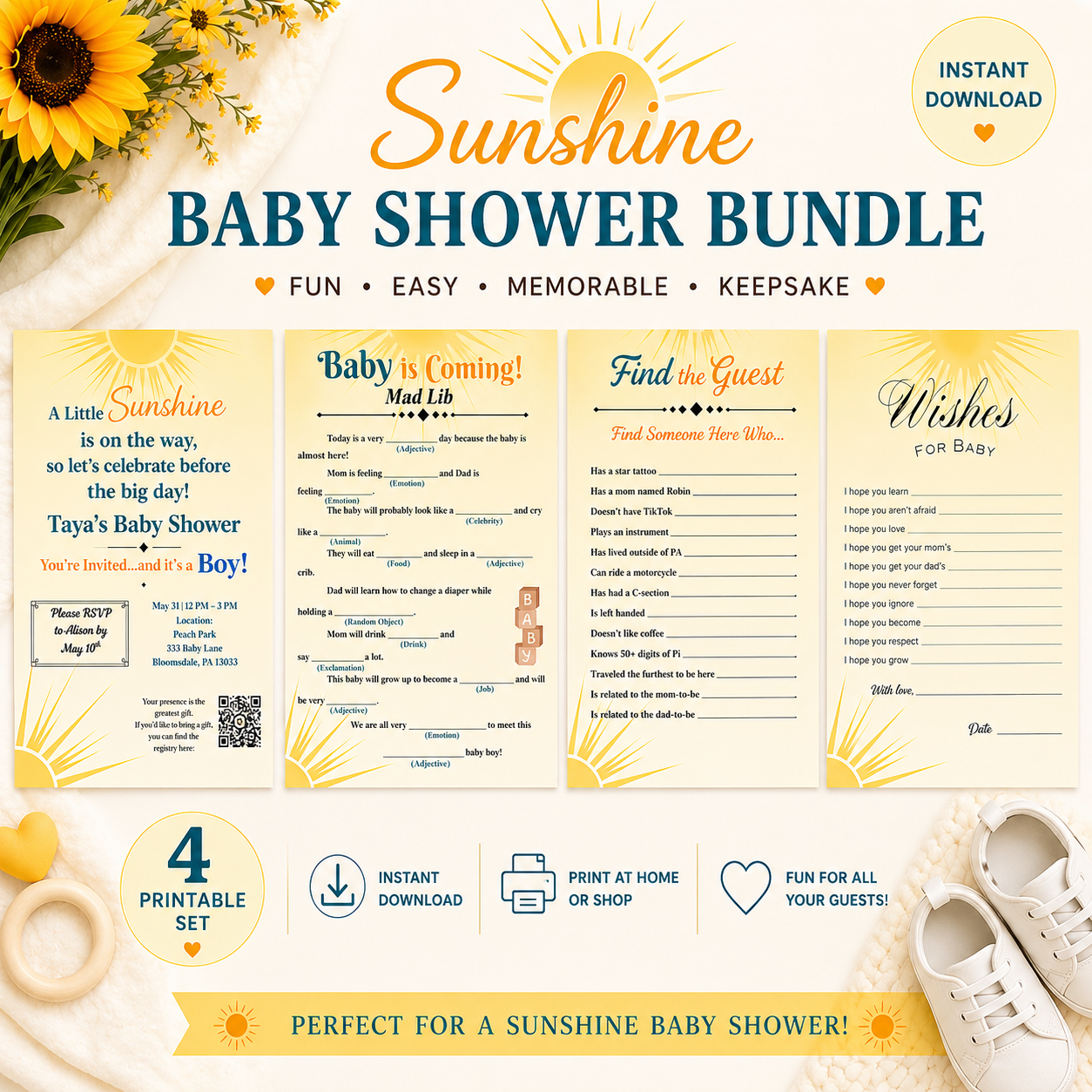 Sunshine Baby Shower Games Bundle Printable ☀️ | Here Comes the Son Party Pack | Instant Download
