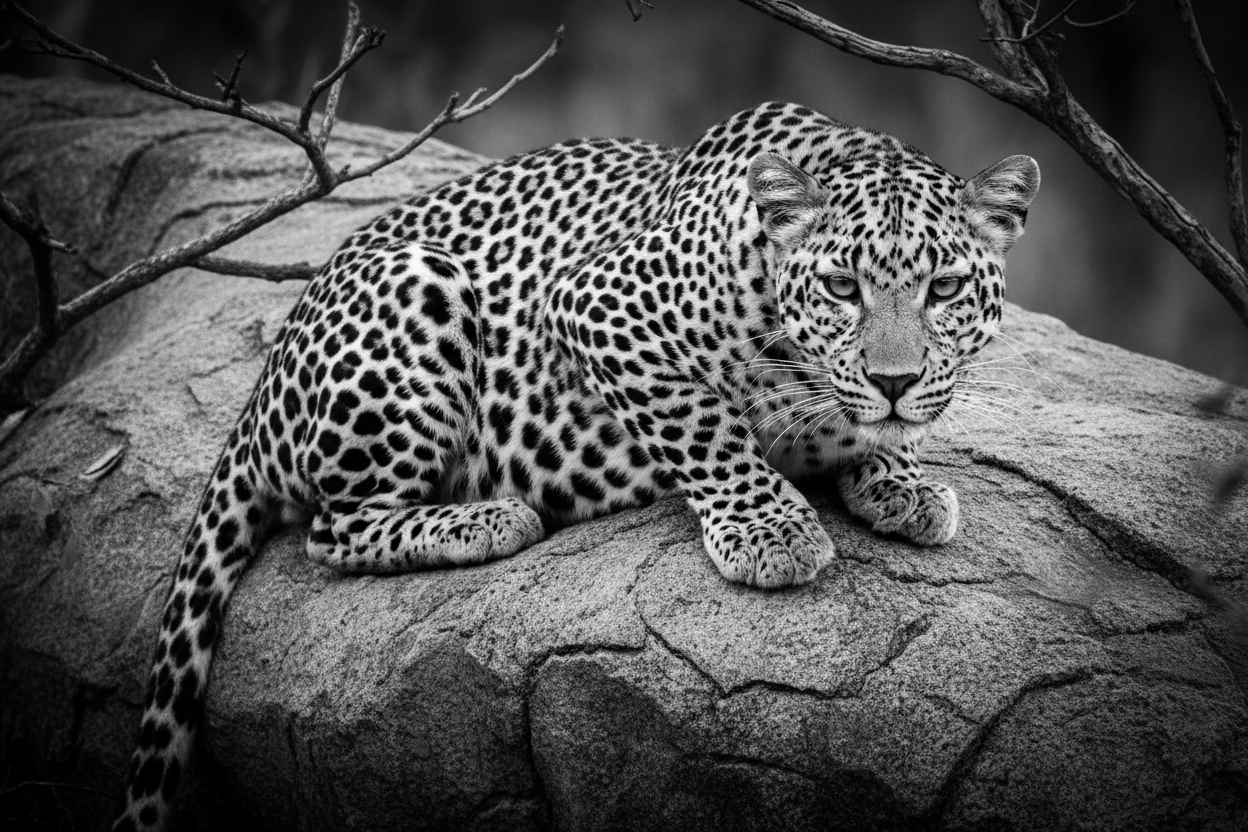 Black and white photo of a leopard sitting on a rock